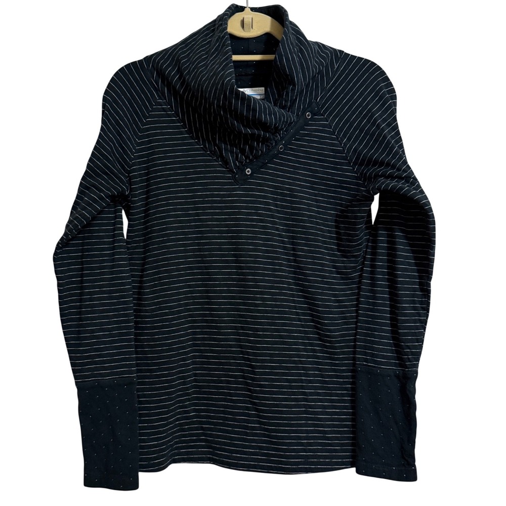 Columbia Womens Navy Blue Striped Cowl Neck Button Pullover Top Small AL1697